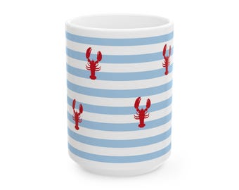 Lobster Coffee Mug: Nautical Striped Ceramic Cup, Coastal Kitchen Decor
