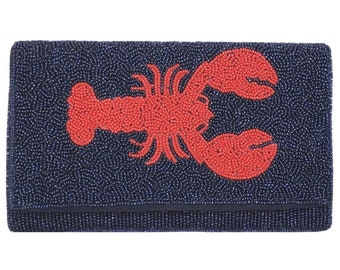 Navy and Red Lobster Clutch, Beaded Lobster Clutch