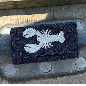 Navy and Cream Lobster Clutch, Beaded Lobster Clutch