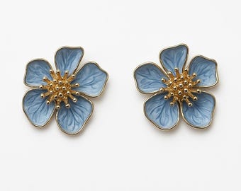Light Blue Enamel Flower Earrings: Gold Trim Studs