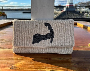 Cream clutch with navy Cape Cod design