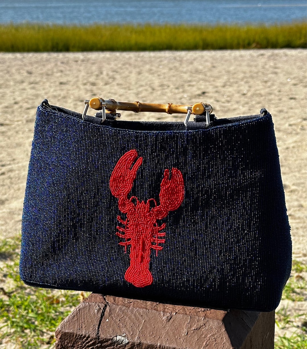 Navy Beaded Lobster Purse With Bamboo Handles - Coastal Charm - Etsy