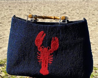 Navy Beaded Lobster Purse with Bamboo Handles - Coastal Charm