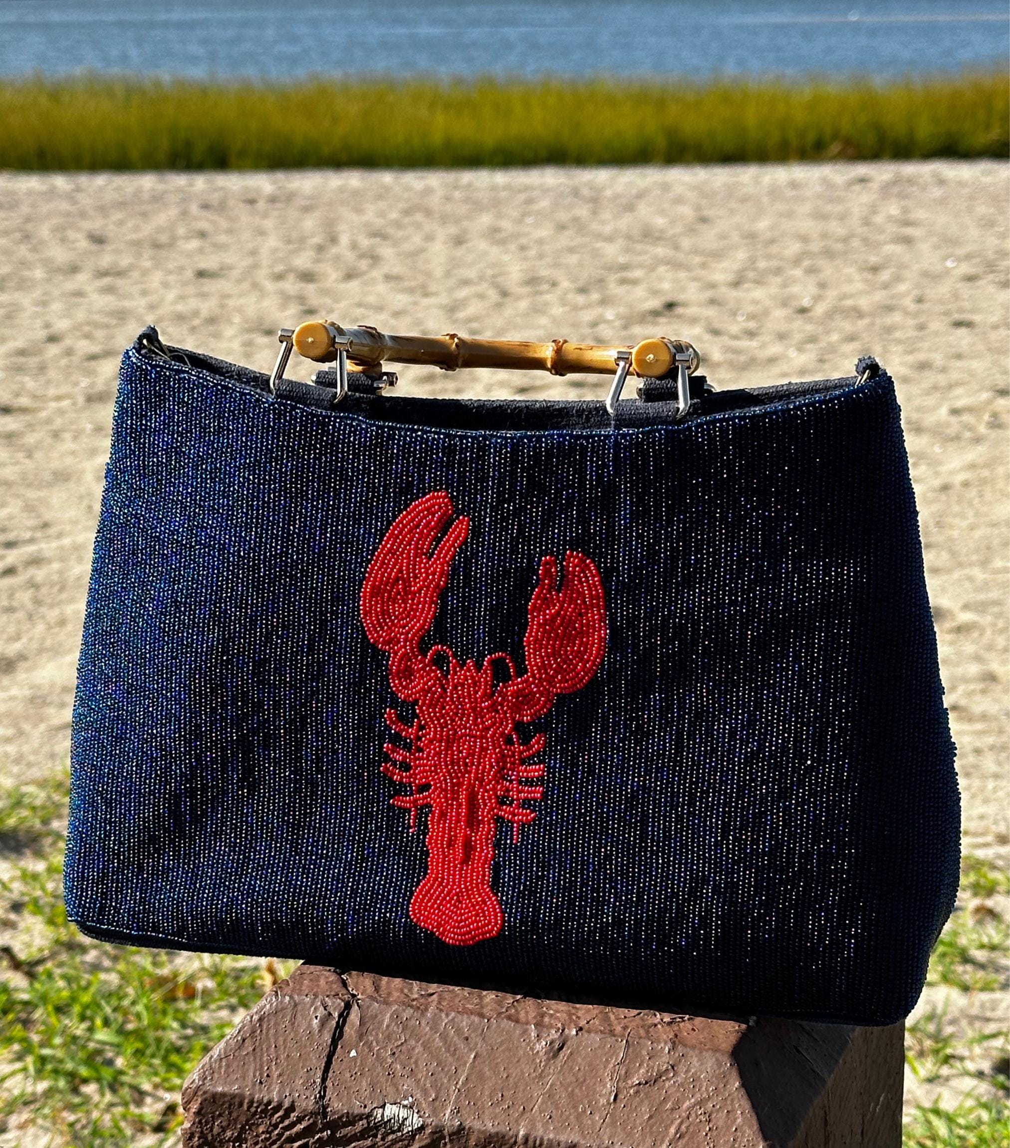 Navy Beaded Lobster Purse With Bamboo Handles - Coastal Charm - Etsy