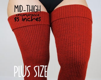 RIBBED PLUS SIZE Thigh High Socks, Women's Chunky Extra Long Over The Knee Stocking, Autumn, Brick Color, Fall Season Sweater Leg Warmers