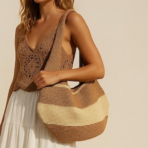 Raffia Taschen, Natürliche Raffia Handgemachte Stroh Tote Strandtasche, Sommer Tasche, Stroh Tasche, Kraft Streifen Große Schultertaschen, Mini Gestrickte Handtaschen