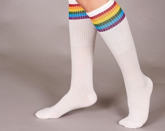 Women&#39;s Classic White Rainbow Stripe Knee Socks, Skating Socks, Gift for Her, Premium Cotton Skating Socks, Stocking Gift, White Color
