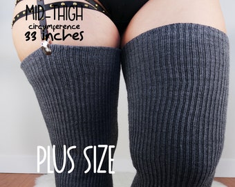 RIBBED PLUS SIZE Thigh High Socks, Women's Chunky Extra Long Over The Knee Stocking, Iron Gray Sweater Leg Warmers, Slouchy Thigh High Socks