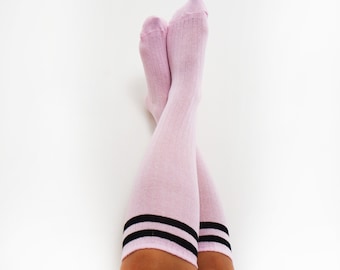 Chaussettes de Pom-pom girl, Chaussettes de voyage filles, Cadeau pour fillettes, Hauteur genou roses à rayures noires, Chaussettes de patinage, Chaussettes de skateboard, Week-end filles