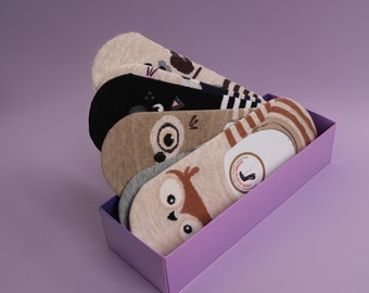 Bundle Animal Print No-show Sock Set, Invisible Owl, Rabbit, Bunny, Dog, Bear, Cat Low Cut Socks, Birthday Gift Box, 6 Pair Set w/ Gift Box