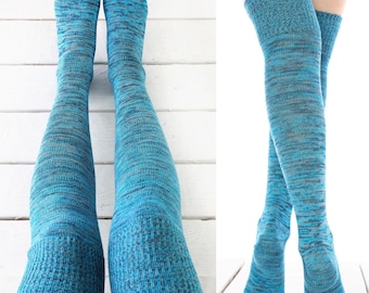 Women's Long Over the Knee Sock, Turquoise Color Thigh High Wool, Boot Socks, Knee High Sock, Stocking Gift, Sweater Sock, Care Box Items