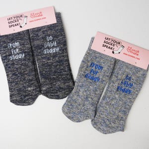 navy-gray cotton socks for men with dog and baby symbols and 'From Fur Daddy to Baby Daddy' embroidered on sides
