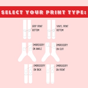 Puede incluir: Una infograf&iacute;a rosa claro titulada SELECT YOUR PRINT TYPE: que muestra seis ilustraciones de calcetines blancos con etiquetas para grip print bottom, vinyl print bottom, embroidery on ankle, embroidery on cuff, embroidery on back y embroidery on front.