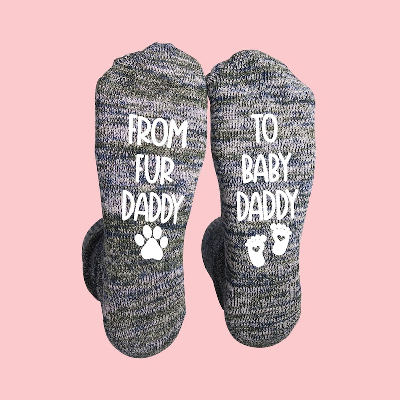 Violet gray cotton socks for men with dog and baby symbols and 'From Fur Daddy to Baby Daddy' printed on sides