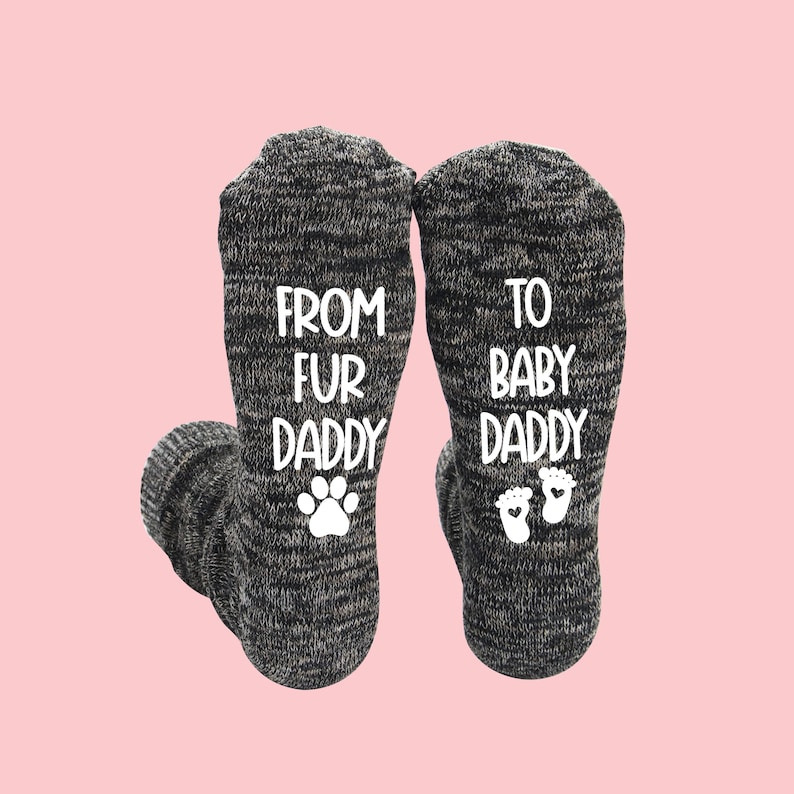 Men’s novelty socks with 'From Fur Daddy to Baby Daddy' text, perfect gift for expecting fathers with pets