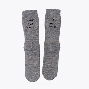Pet-themed dad socks with baby announcement design, featuring ‘From Fur Daddy to Baby Daddy’ phrase