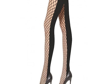 May include: Black tights featuring a vertical solid black panel running down the outer side of each leg, contrasted with a nude-colored fishnet mesh pattern on the inner side. The tights are paired with black pointed-toe high-heeled pumps.