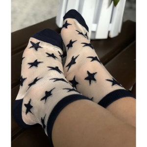 Women&#39;s Sheer Stars Socks, White-Red-Dark Blue Mesh Socks, Lace Handmade Gift Socks, Tulle-Transparent Socks, Embroidered Hosiery, Size 6-10