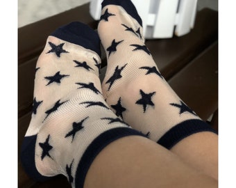 Women's Sheer Stars Socks, White-Red-Dark Blue Mesh Socks, Lace Handmade Gift Socks, Tulle-Transparent Socks, Embroidered Hosiery, Size 6-10