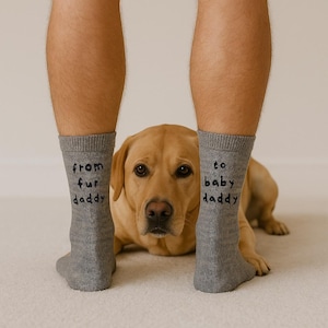 Speckled blue cotton socks for men with dog and baby symbols and 'From Fur Daddy to Baby Daddy' printed on sides