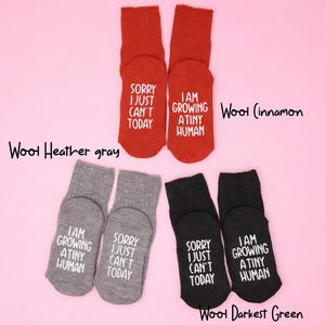 Fluffy lilac fuzzy socks embroidered with purple “Sorry I just can’t today” text, cozy winter loungewear by Sockmate on white background.