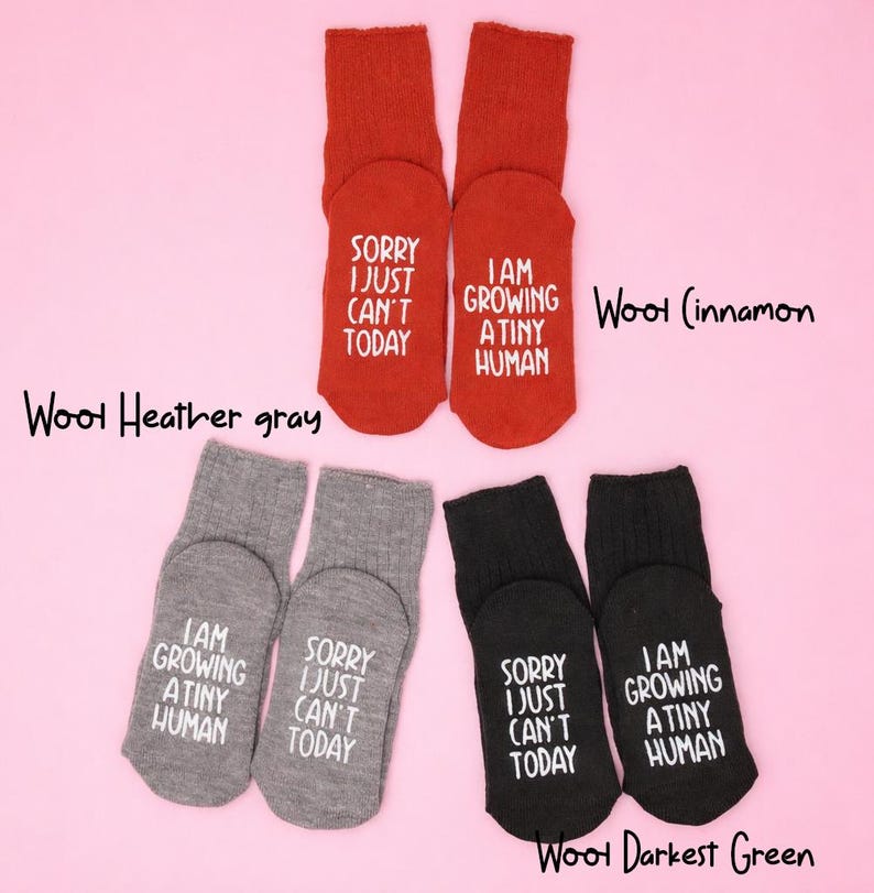 Fluffy lilac fuzzy socks embroidered with purple “Sorry I just can’t today” text, cozy winter loungewear by Sockmate on white background.