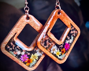 Boucles D'oreilles Bois Et Résine Losange - Couleurs Noir Marron Beige Vert - Neuf