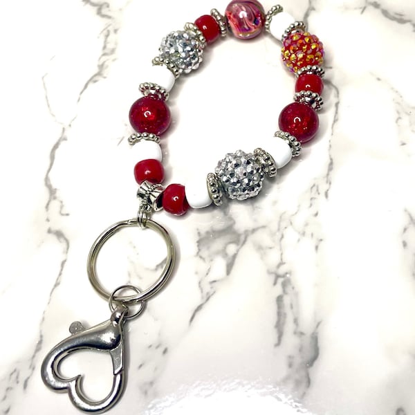 Red and Silver beaded wristlet keychain bracelet