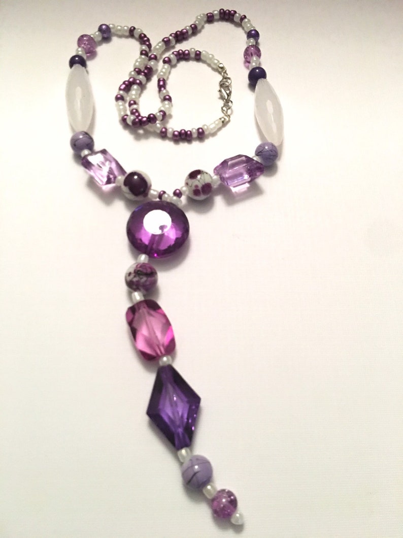 Purple and White long dangle beaded necklace with matching bracelet