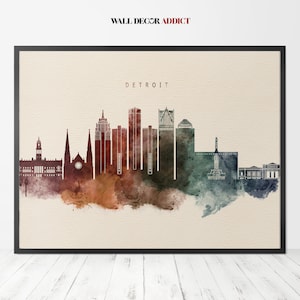 Detroit skyline print, Detroit poster, Detroit watercolor wall art, home decor, travel gift, WallDecorAddict