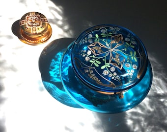 Moser Boho Art Glazen Doos Turquoise Blauw Goud Bohemen Decor Boho Sieradendoos Collectible Art Tsjechisch glas