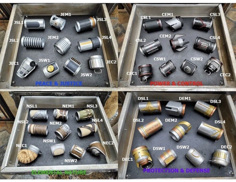 May include: A display of 12 different lightsaber hilt designs, each with a unique color scheme and design. The hilts are arranged in four rows of three, with each row labeled with a different theme: Peace & Justice, Power & Control, Elemental Nature, and Protection & Defense.