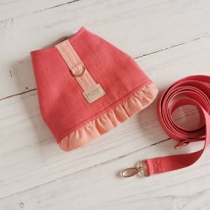 May include: A pink and peach dog harness with a ruffle trim and a gold metal D-ring. The harness has a small leather tag that says "Dog Shop". A matching pink leash is also included.