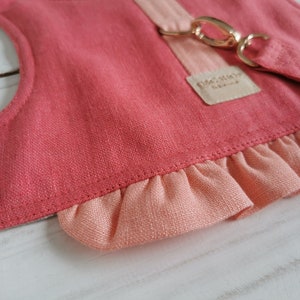 Bright coral cat harness vest with ruffles woll padded inside with leash, Linen cat walking harness vest image 4