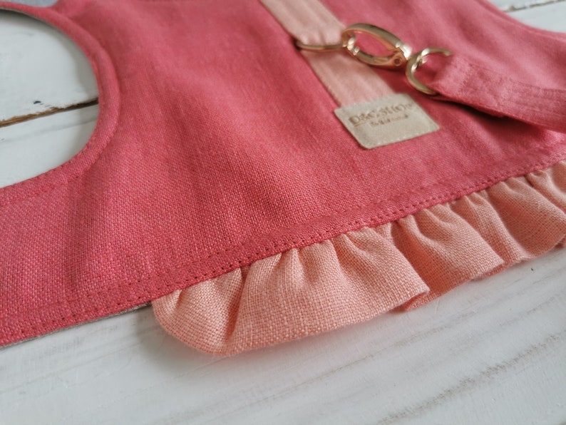 Bright coral cat harness vest with ruffles woll padded inside with leash, Linen cat walking harness vest image 4