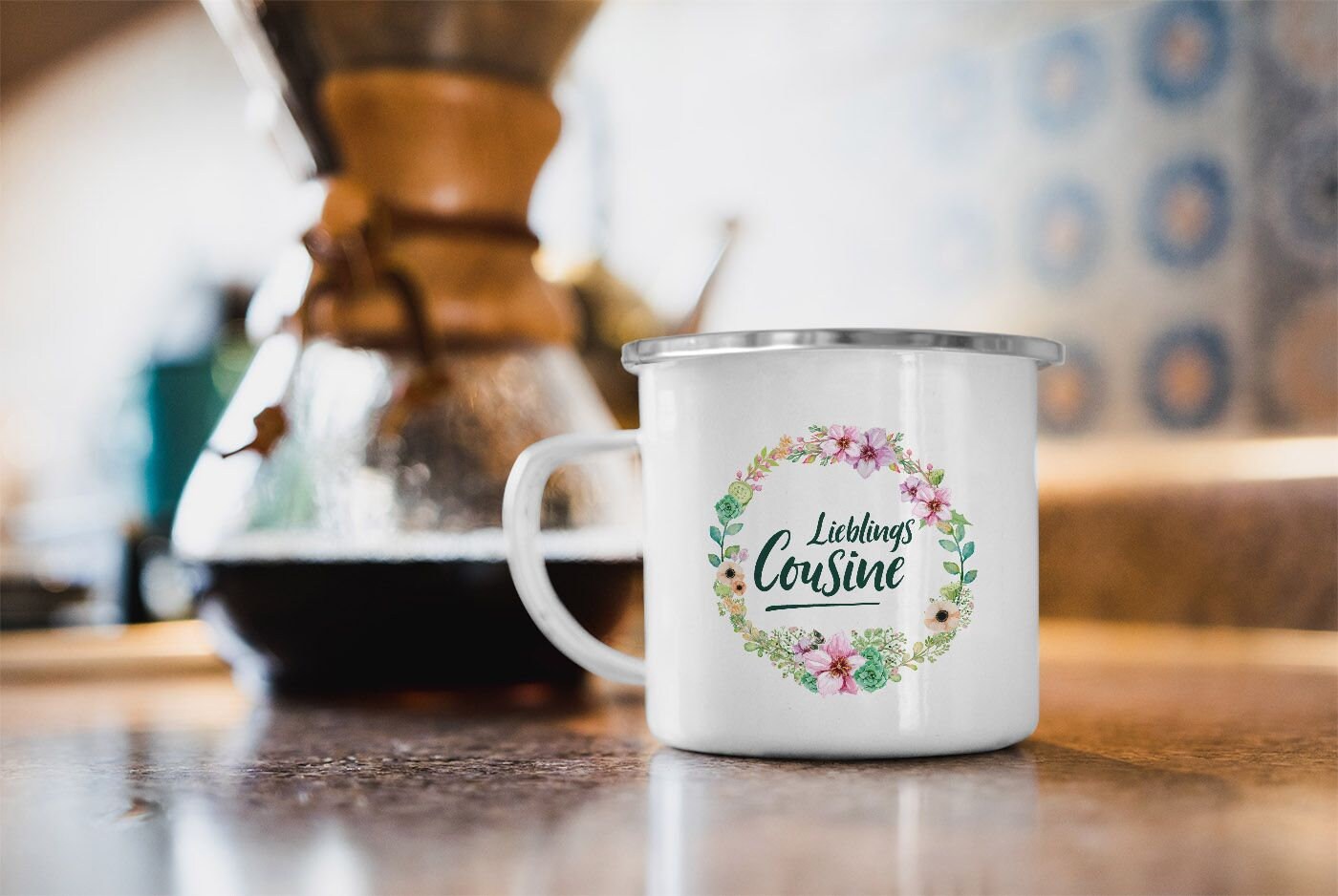 Moonworks Emaille-Tasse 'Lieblingscousine' – Weiß-schwarz, 300 Ml, Robust & Spülmaschinenfest