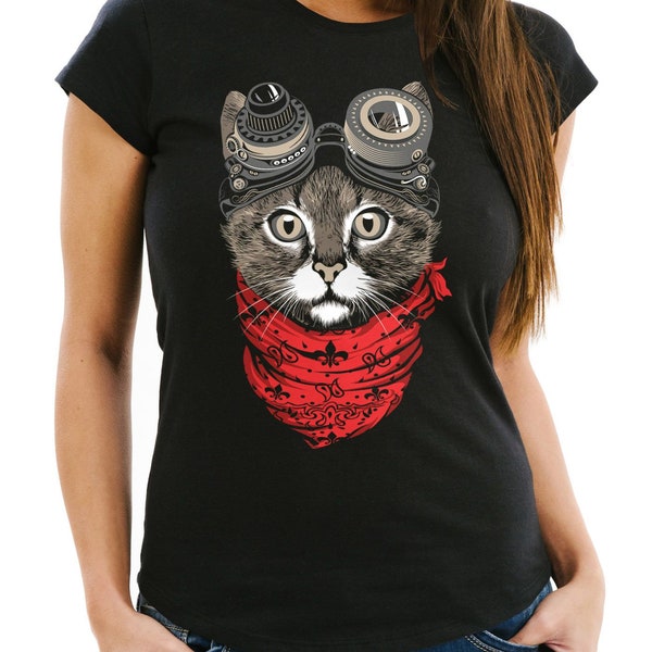 Damen T-Shirt Katze Cat Steampunk Slim Fit Moonworks®