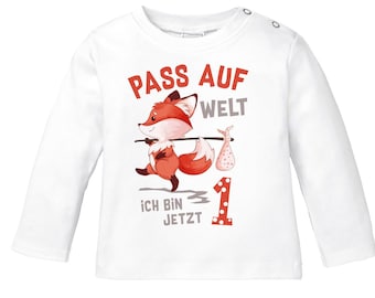 Baby Long Sleeve Shirt 1st Birthday Pass on World I am now 1 2 Fox Birthday Shirt Organic Cotton MoonWorks®