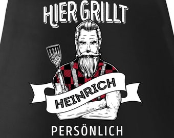 Grill-Schürze für Männer mit Spruch personalisierbar hier grillt eigener Name persönlich Grillen Geschenk Baumwoll-Schürze Küchenschürze