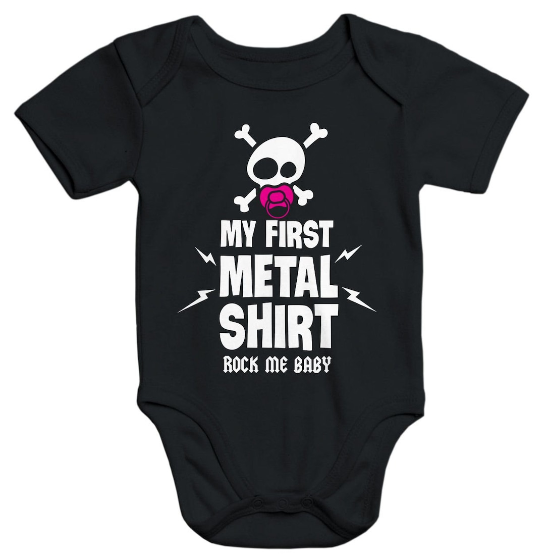 Baby Body A Maniche Corte Cotone Biologico Nero Con Scritta My First Metal Shirt, MoonWorks