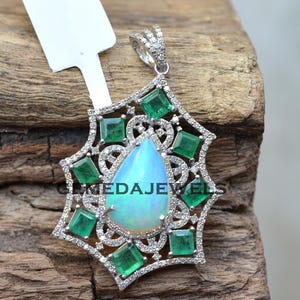Natural Opal & Emerald Pendant: Pave Diamond, 925 Silver, 16&quot; Necklace