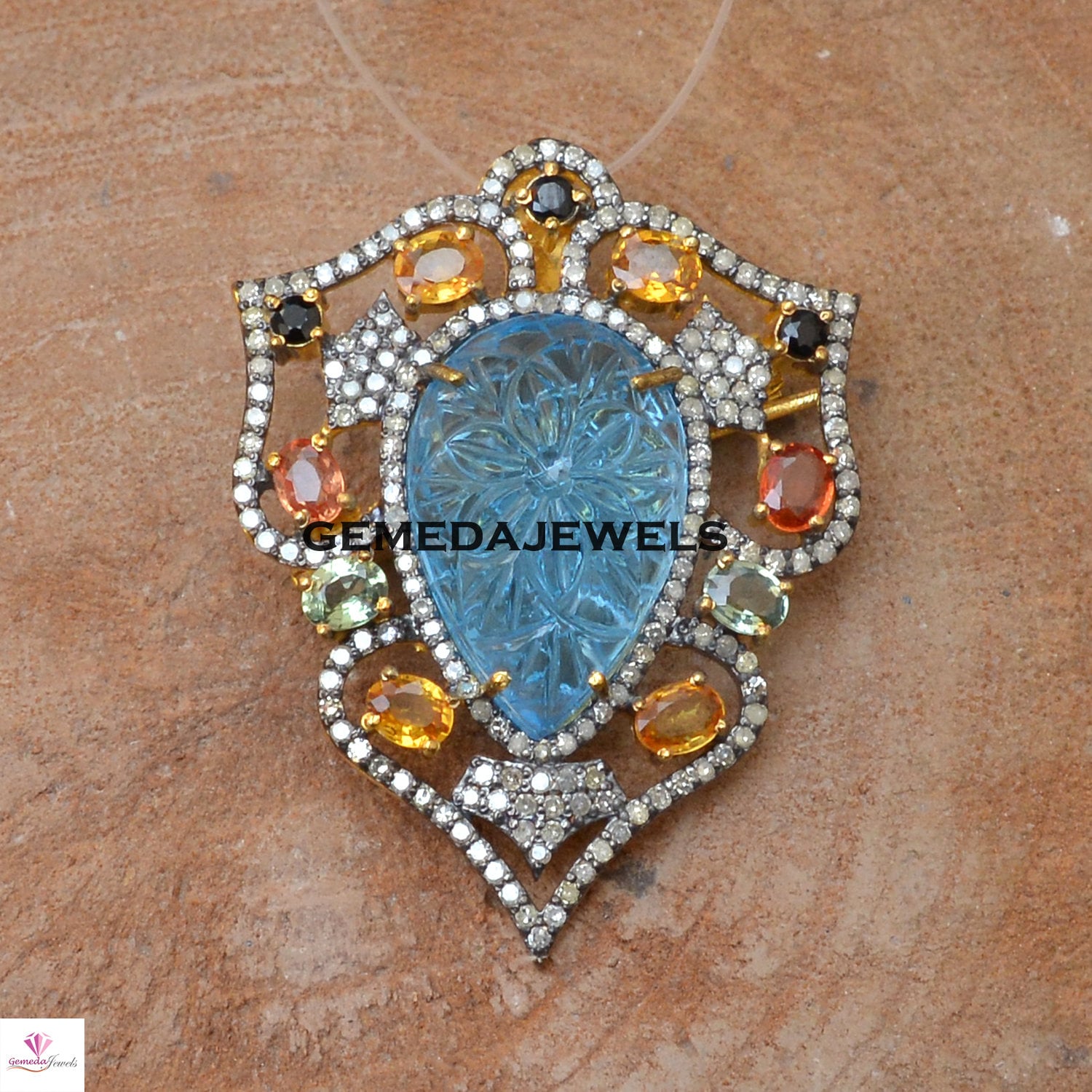 Blue Topaz Carving Brooch Pendant Sapphire Pendant Brooch Etsy UK