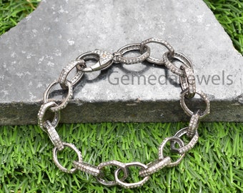 Pave Diamond Link Bracelet, 925 Silver Chain, Handmade Jewelry