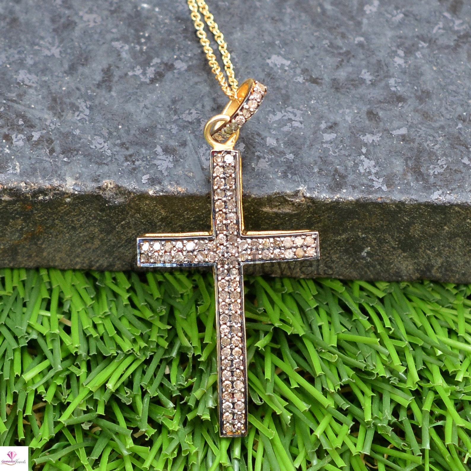 Pave Diamond Pendant Gold Vermeil Cross Pendant 925 Silver Etsy