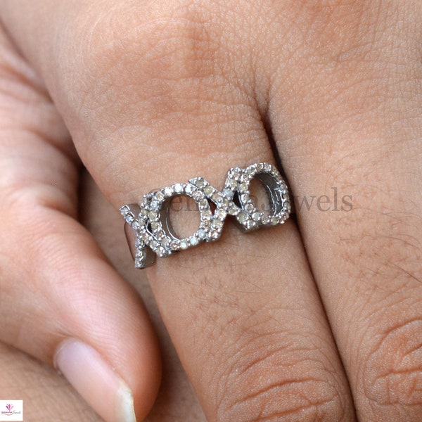 Real Pave Diamond 'XOXO' Ring, 925 Silver Handmade Birthday Gifts Jewelry