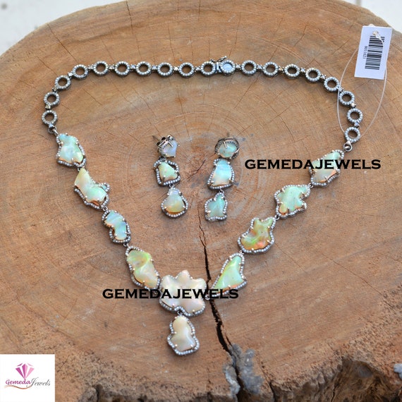 Handmade Opal & Pave Diamond Jewelry Set: 925 Silver Necklace Earrings