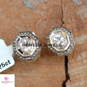 Promo Boucles d'oreilles diamants taille rose polki, Puces d'oreilles en diamants pavés, Bijoux en argent 925 vermeil jaune, Bijoux minimalistes, Bijoux cadeau femme image 5