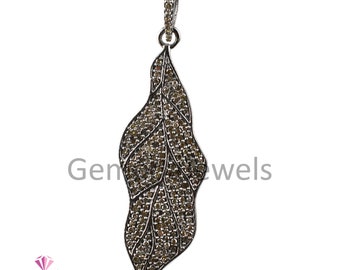 Pave Diamond Leaf Pendant: Handmade 925 Sterling Silver Necklace