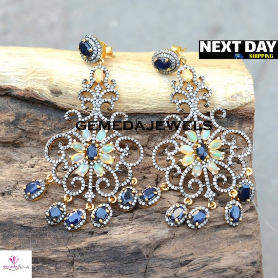 925 Silver Sapphire Opal Earrings: Pave Diamond, Gold Plated Wedding Jewelry