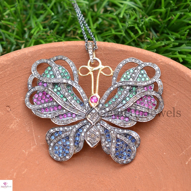 Women Gift Jewelry Genuine Multi-Gemstone Butterfly Pendant 925 Silver Pave Diamond Butterfly Pendant Necklace Christmas Gifts For Her